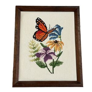 Janlynn Floral MONARCH Butterfly Counted Cross Stitch Framed Completed 9” X 11”